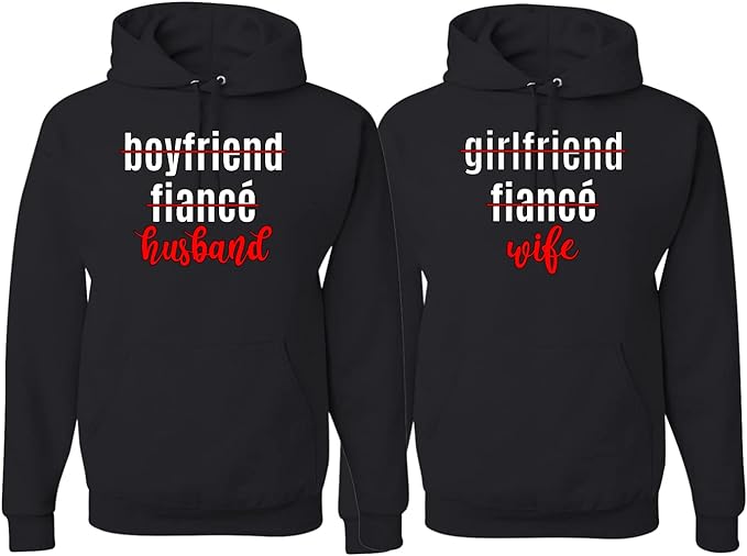 Boyfriend Fiancee Wife Husband Cute Married Font Classic His and Hers Matching Couples Hoodie Sweater Set