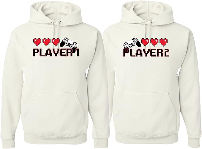 Gamer Player 1 Player 2 Font Classic His and Hers Matching Couples Hoodie Sweater Set